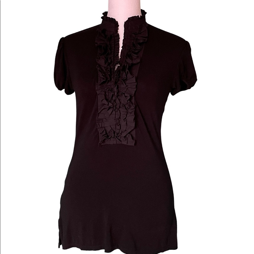 BCBGMAXAZRIA blouse, ruffle placket with stand-up collar, XS